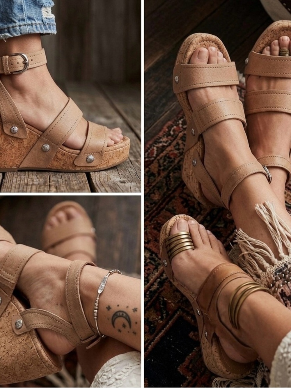 Lucky Brand Peachy Tan Suede Cork Wedge Sandals - Size 6M